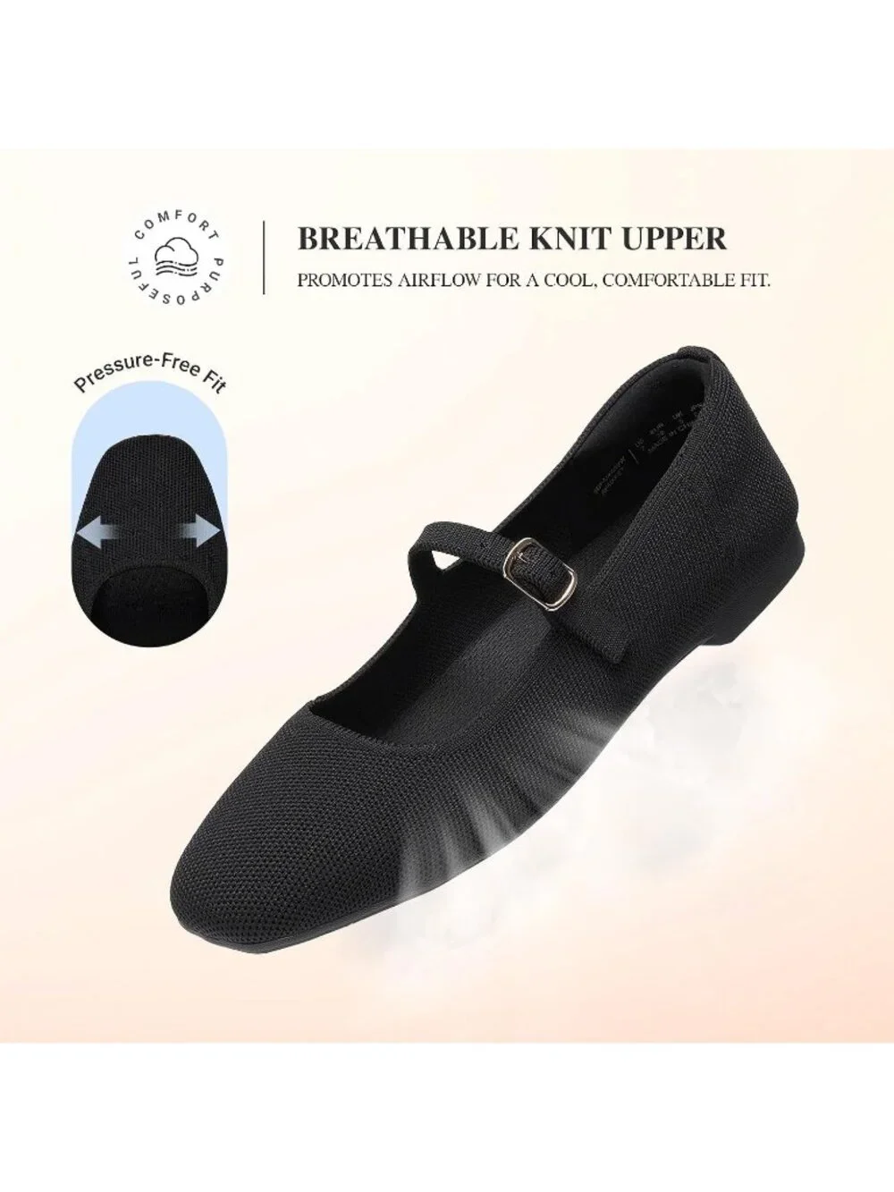 Women's Black Knit Mary Jane Square Toe Stretchy Buckle Ballet Flat Casual Shoes